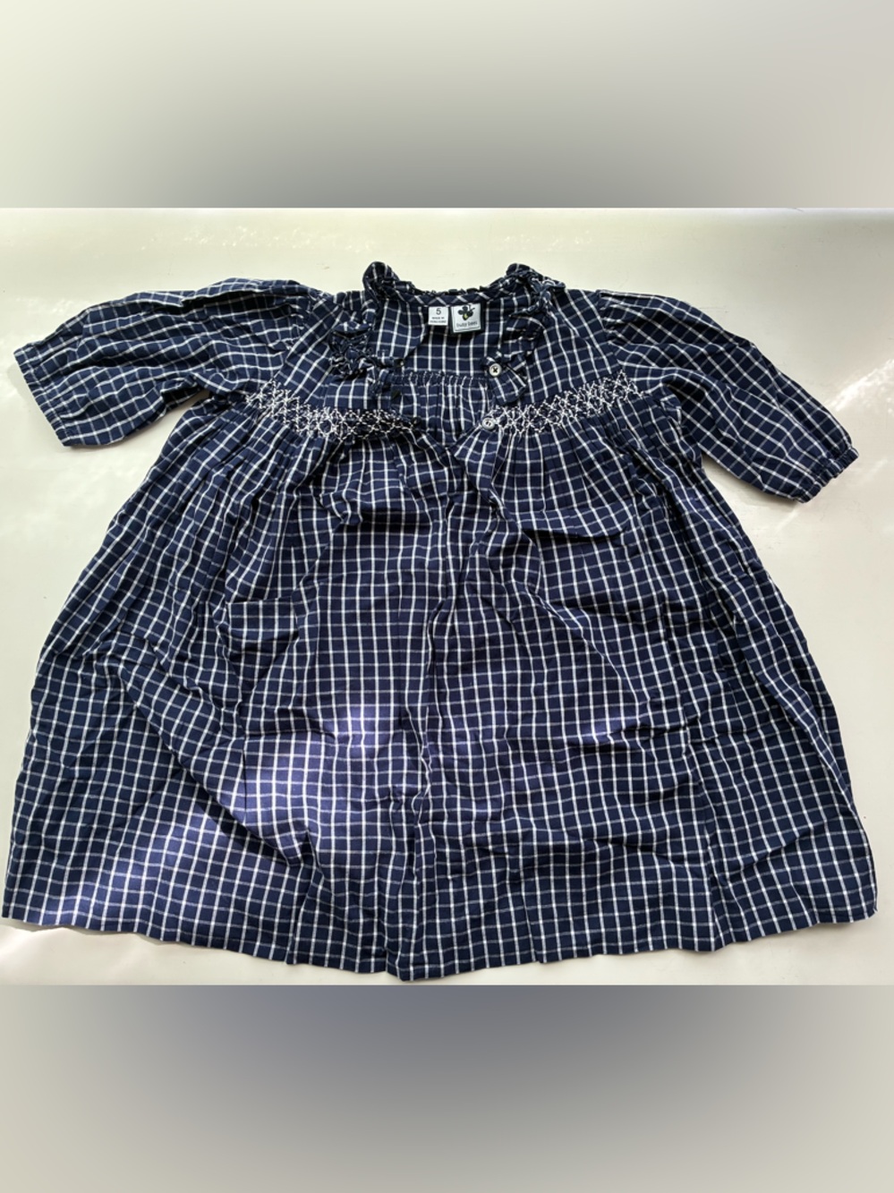 Girls' Navy Check Smocked Casual Dress